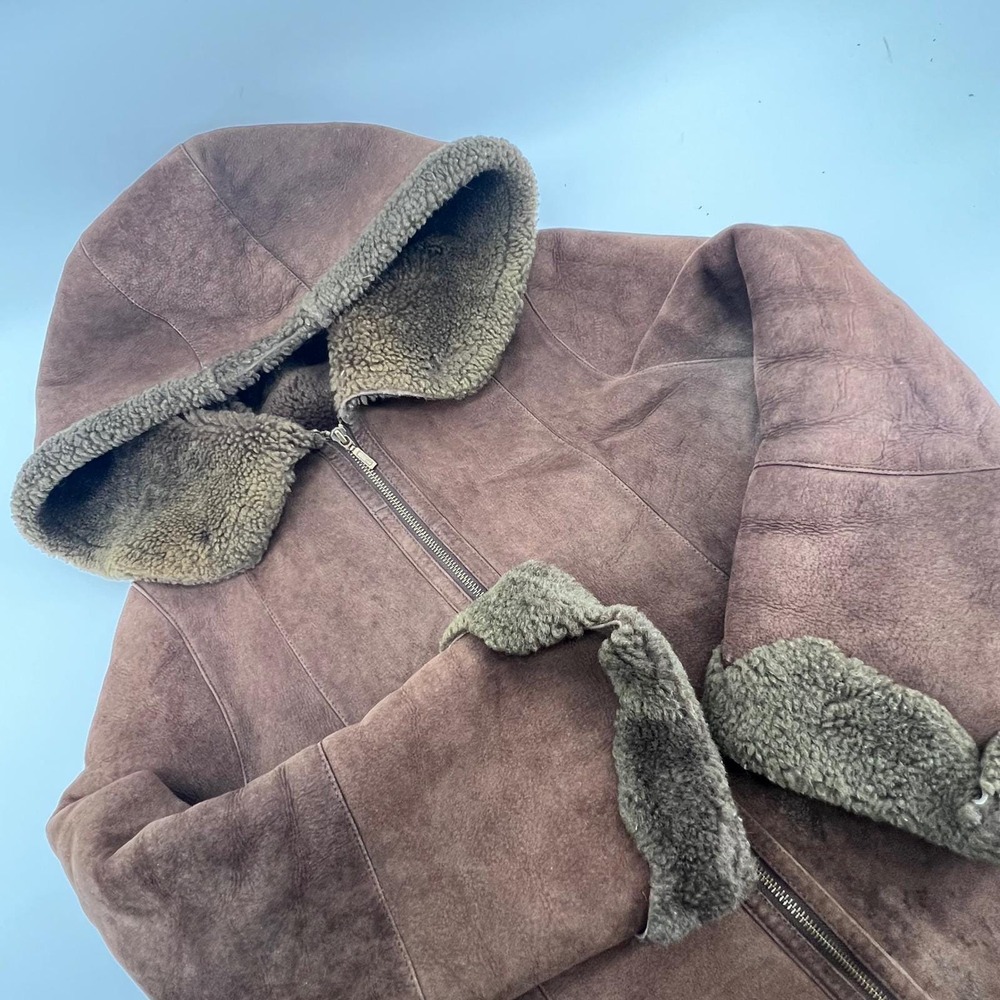 Manzari Milano Vintage 70s Italian Shearling Jacket Brown Suede Hood EU 38 US 8